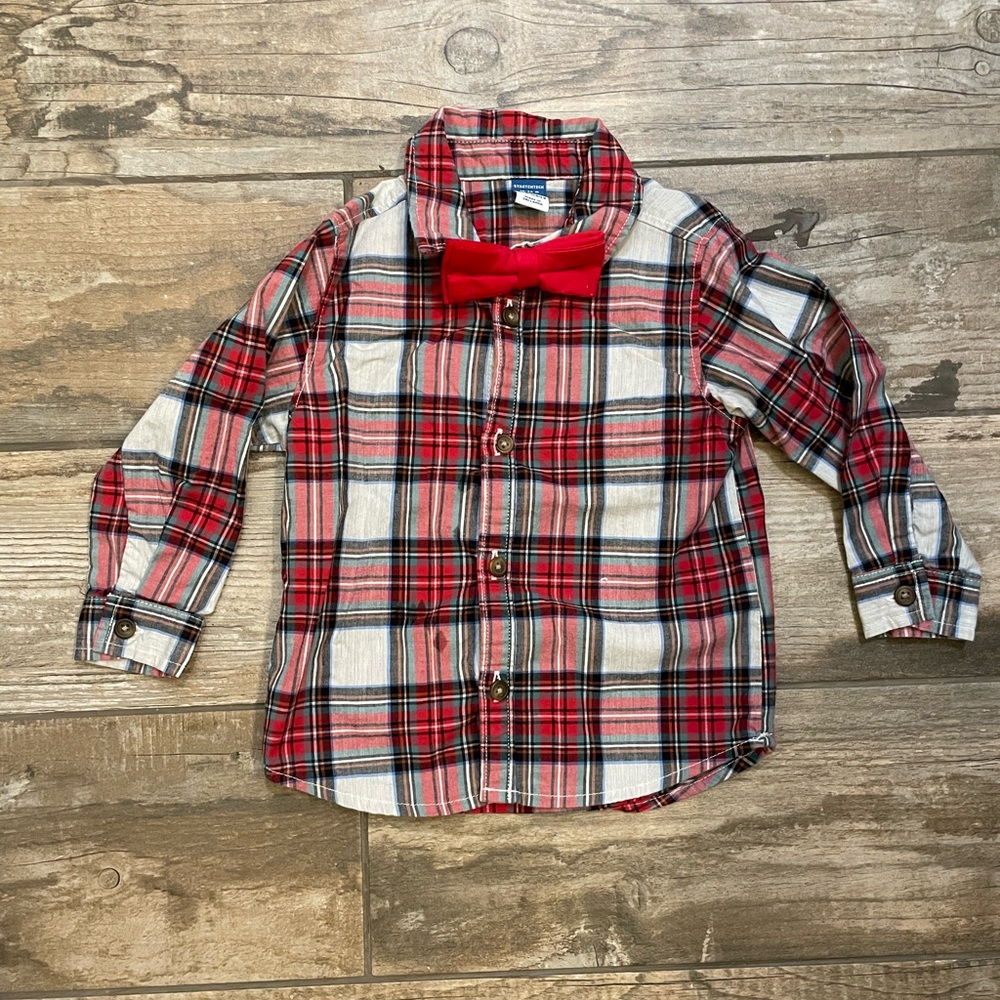 Red, Gray and Green Christmas Plaid Button Down Shirt With Red Bow Tie